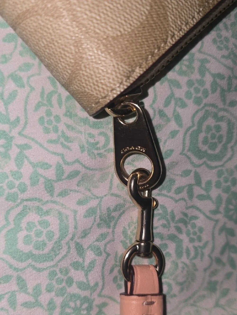 Coach Beige Signature Zip Wristlet with Pink Strap